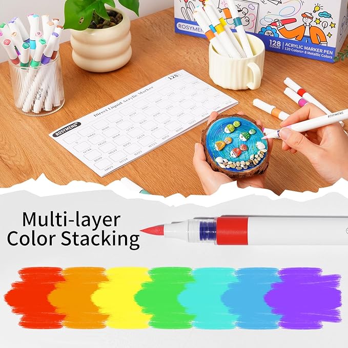 ROSYMENG Acrylic Paint Markers, 120 Colors + 8 Metal Colors - Large Ink Capacity, High Coverage with Brush Tip Acrylic Paint Pens, Suitable for Wood, Glass, Rock, and Fabric - Student School Supplies