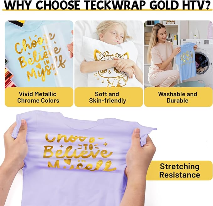 TECKWRAP Gold HTV Heat Transfer Vinyl 12" x 5ft Chrome Gold Vinyl for Craft Cutter, Heat Press Machine Iron On Vinyl for T-Shirts Easy to Cut & Weed