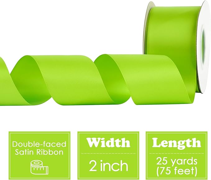 HUIHUANG Lime Green Satin Ribbon - 2 inch Wide, Double Faced, Neon Green for Gift Wrapping, Bows, Bouquets, DIY Crafts, Weddings & Parties - 25 Yards/Roll