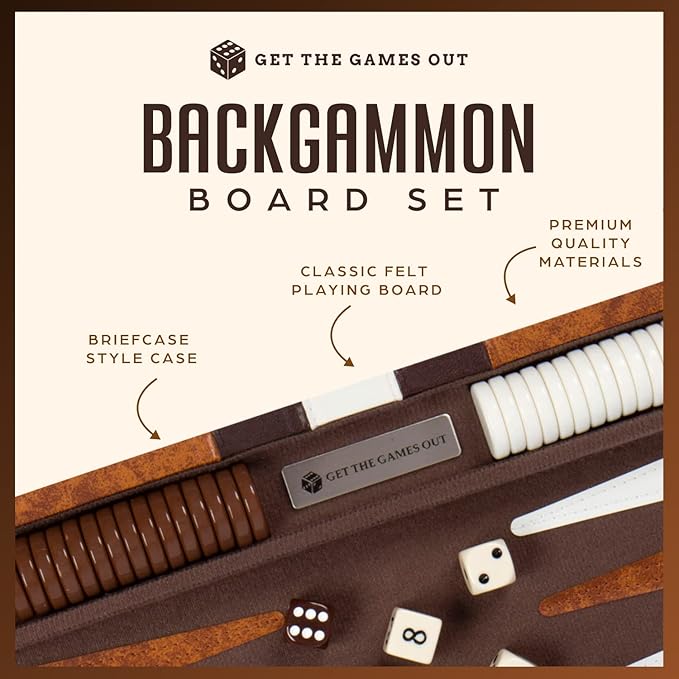 Get The Games Out Backgammon Set, Classic Board Game Case, 2 Players, Includes Strategy & Tip Guide, Perfect for Parties and Family Game Nights - Extra Large, Brown