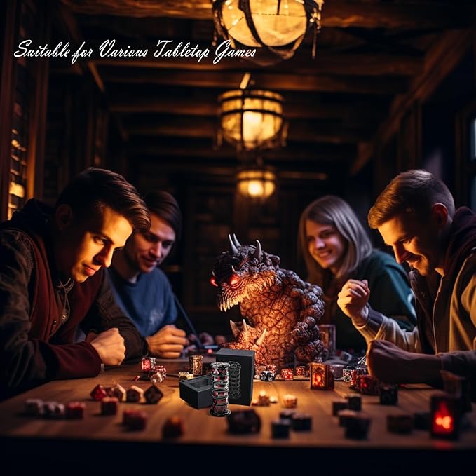 DND Dice Spinner Tower Set - Unique D4 D6 D8 D10 D10% D12 D20 All in One D&D Metal Dice - Cool Role Playing Gifts for Dungeons and Dragons TRPG MTG Games Lover Player (Tower-Black Nickel Red)