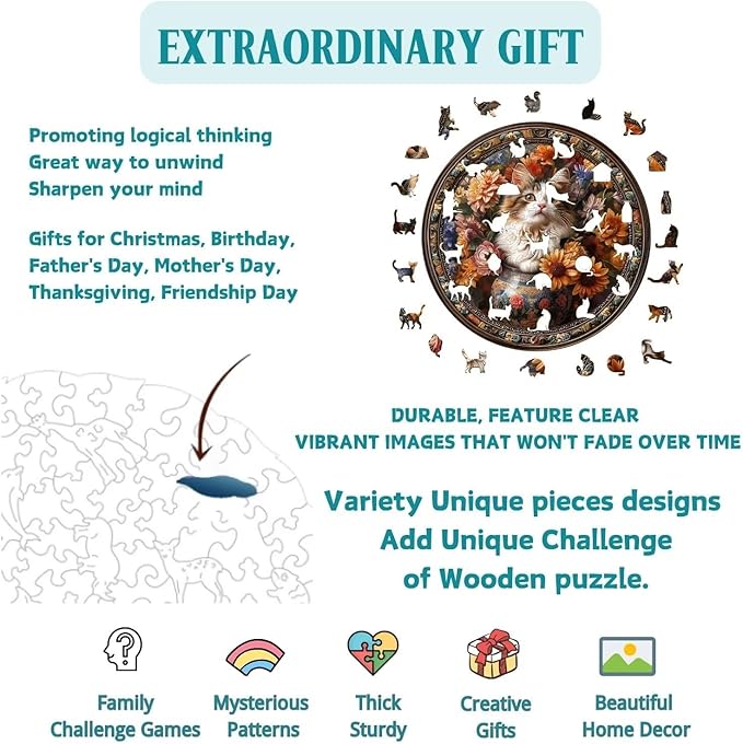 Wooden Puzzles Adults, Beautiful Tricolor Cat Wooden Puzzles 300 Pieces, Unique Animal Shaped Wood Challenging Jigsaw Puzzles Gifts for Adults, 13.4x13.4in