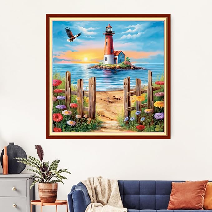 Artvxeay Cross Stitch Kits Stamped Full Range of Embroidery Kits for Beginners Adults 11CT Pattern Stitch Embroidery Kits Needlepoint Kits DIY - (Lighthouse Scenery 18x18 inch)