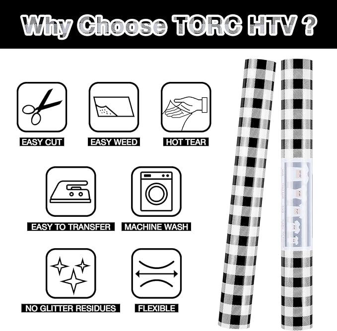 TORC Black White Buffalo Plaid HTV Vinyl 12 inch x 5 ft, Check Heat Transfer Vinyl Iron on Transfers for Christmas