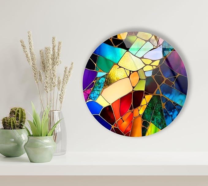 My Photostation.com 31.5''(80cm) Diameter Multicolor Round Stained Glass Wall Art Vibrant Mosaic Abstract Panel Tempered Glass Printing Wall Decor Large Wall Art Wall Hangings