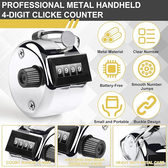 2PCS Premium One Hand Counter Clicker, Silver Metal Clicker Counter, Manual Mechanical People Counter Clicker with Nylon Lanyard, 4-Digit Number Count Tally Counter Clicker for Golf, Lap & Row Etc.