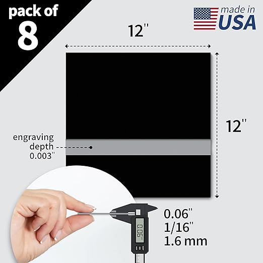 Trotec TroLase | 12"x12"x1/16", 8 Pcs | Black/Silver| 2 Ply | Modified Acrylic | Laser Engraving Double Color Plastic Sheet | Engraving Blanks for Laser, Saw, Guillotine | Made in USA
