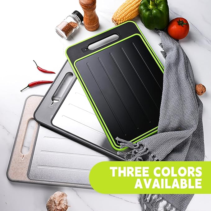 Cutting Board Double Sided,2 Pcs Vegetable Board With Sharpening Stone,Large Size+Small Size,Food Grade Stainless steel and Wheat straw PP Material,Eco-Friendly (Gray)