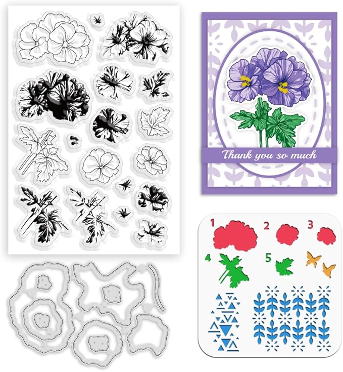 ORIGACH Geranium Layering Stencil Stamp and Die Set for Card Making, Flower Stencil Template Silicone Clear Stamps and Metal Die Sets for DIY Scrapbooking Photo Album Crafting