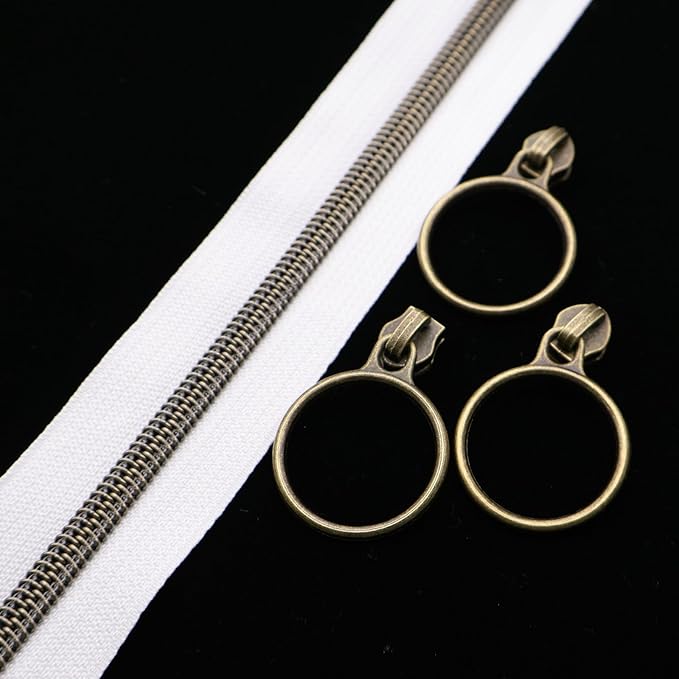 Leekayer #5 Antique Brass Metallic Nylon Coil Zippers by The Yard Bulk 10 Yards White Zipper Tape with 25pcs Antique Brass Ring Pull Sliders for DIY Sewing Tailor Craft Bag(White)