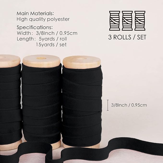 Vitalizart Black Velvet Ribbon Set 3/8" x 15 Yd Wooden Spool Fabric Trim 3 Rolls * 5 Yd for Christmas Wreath Decoration Handmade Craft Ornaments Gift Wrapping & Bow Making
