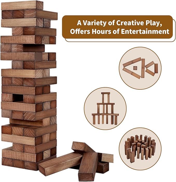 ApudArmis 54 PCS Tumble Timber Set Up to 3.2FT, Pine Wooden Tumble Tower Game with Dice and Scoreboard Set - Classic Block Stacking Board Game for Adults Teenagers (Brown)