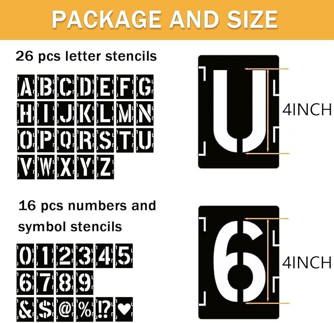 4 in Alphabet Number Stencils for Painting, 42 Pcs Reusable Letter Stencils for DIY Project Art Craft Spray Painting Templates Interlocking Stencil Kits for Wood Signs, Wall Art
