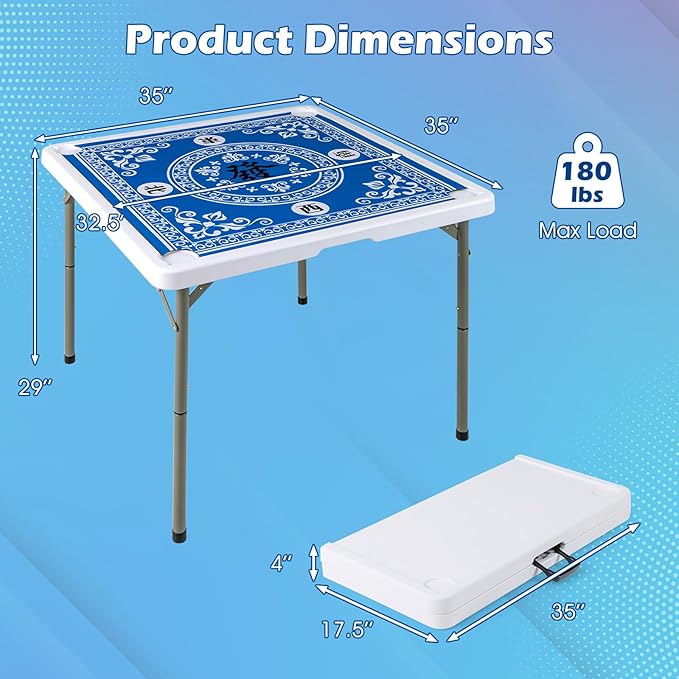 Giantex Folding Mahjong Table, 35" Square Card Table with Cup Holders, Removable Noise Reduction Mat, HDPE Tabletop, 4-Player Portable Domino Tables for Poker Blackjack Board Game (Blue)
