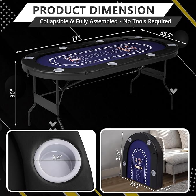 71" Foldable Poker Table for 8 Players, Professional Texas Hold'em Casino Table with Padded Rails& Cup Holders, Casino-Grade Felt Folding Game Table for Blackjack, Home, Parties, Game Nights
