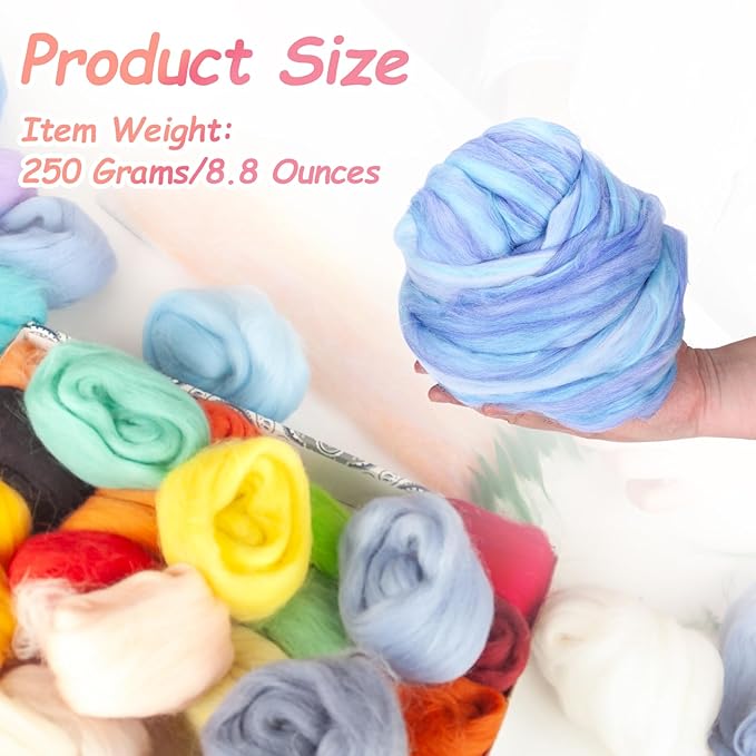 PATIKIL Wool Roving Yarn, 250G/8.8OZ Felting Wool Pure Roving Yarn, Mix Blue
