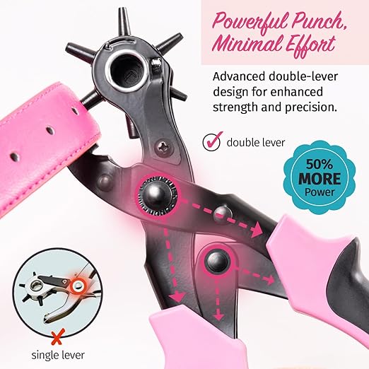 Precision Leather Hole Punch Tool, Best for Belts, Fabric, Leather (Up to 5mm Thick), Multi-Size Puncher for DIY, Craft & Home Projects, Comfortable for Smaller Hands with Reduced Handle Spread, Pink