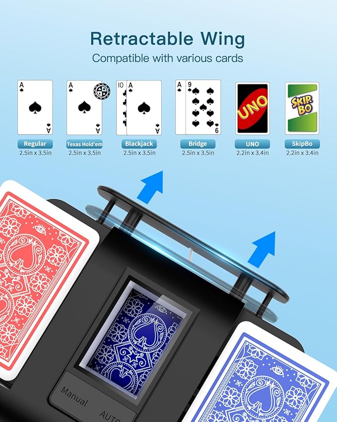 Automatic Card Shuffler, Rechargeable Cards Shuffler Machine with AUTO & Manual Mode, 1-2 Decks Low Noise Electric Shuffling Machine for Poker, UNO, Texas, Blackjack, Skip-Bo, Bridge, Phase 10