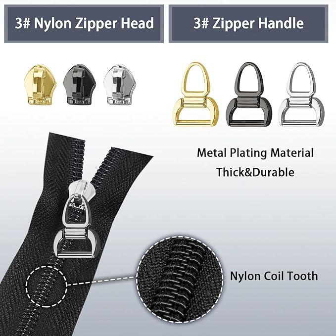 VICHERIA Zipper Repair Kit (45 Pcs), Universal Zippers for Sewing, Replacement Slider Pull Fix Kit for Jackets, Coat, Boot, Backpack, Purse (3#-B-9Pcs)