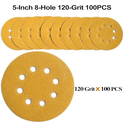 5-Inch 8-Hole Hook and Loop Sanding Discs 120-Grit Random Orbit Sandpaper, 100-Pack