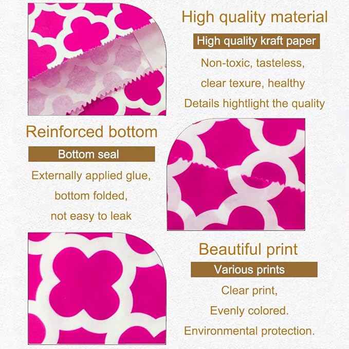 KEYYOOMY 100 Pcs Hot Pink Candy Buffet Bags Small Cookie Bags Polka Dot Paper Treat Bag for Wedding Birthday Party (5 inch x 7 inch)