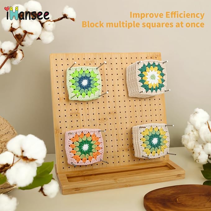 iHansee 11" Crochet Blocking Board with 20 Pegs, 200 Stitch Markers, Bamboo Granny Square Blocking Boards for Crochet Projects, Knitting Crocheting Accessories Kit, Gifts for Crocheters