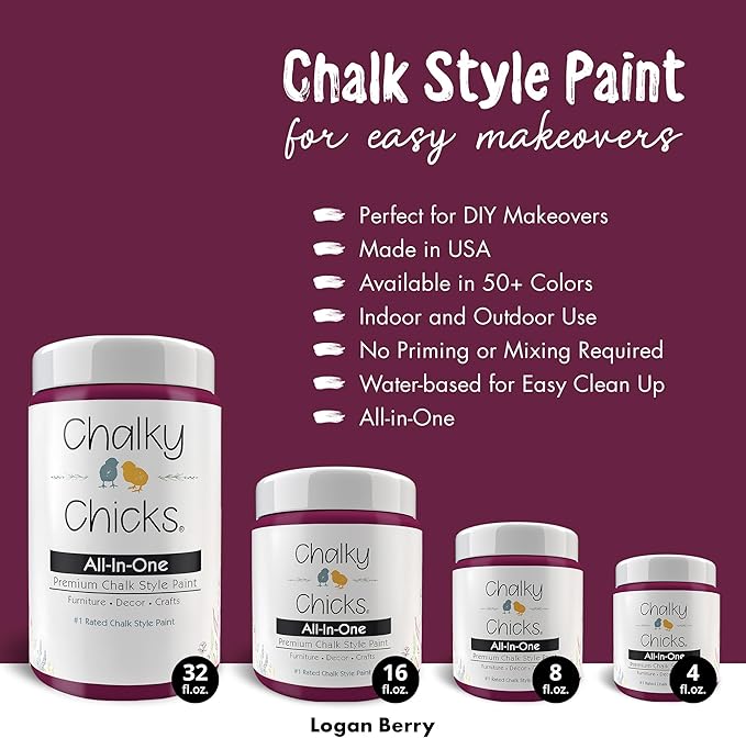 Chalky Chicks All-in-One Chalk Paint for Furniture or Cabinet - 4 Fl Oz - Matte Finish Logan Berry (Plum) for Metal, Wood Furniture Paint - No Sanding All-in-One for Home Decor & Crafts, USA Made