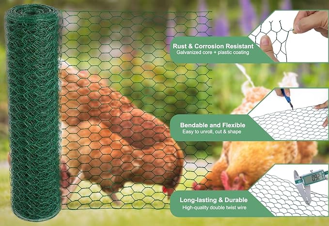 Chicken Wire 15.7 x 315 Inches Chicken Wire Fencing Mesh Green PVC Coated Floral Chicken Wire for Crafts Poultry Garden, Hexagonal Galvanized Chicken Coop Rabbit Wire Fencing Netting