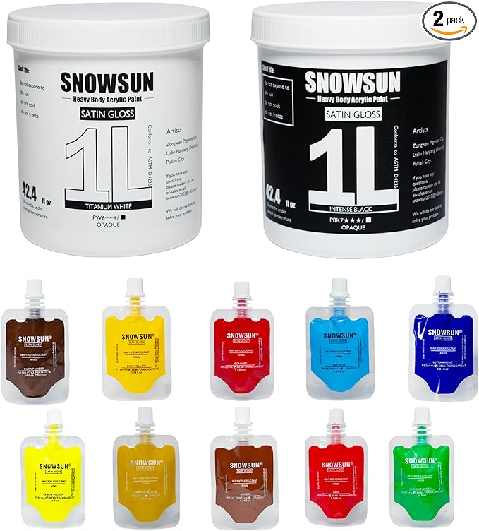 SNOWSUN Large Bulk Acrylic Paint Set,12 Color Heavy Acrylic Paints, Black & Titanium White1 L /42.4 oz Each, and 25ml*10 Pouch Small Set, Rich Pigments, Gloss Non-Toxic Thick Art Paints for Multi-Surface Canvas Wood Ceramic Fabric Wall- Ideal for Artis...