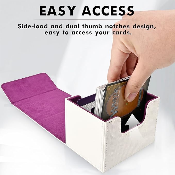 ZLCA Card Deck Box for Trading Cards, MTG Commander Deck Box Holds 120+ Single Sleeved, Leather Magnetic Card Storage Case Fits for TCG CCG Magic(White& Purple)