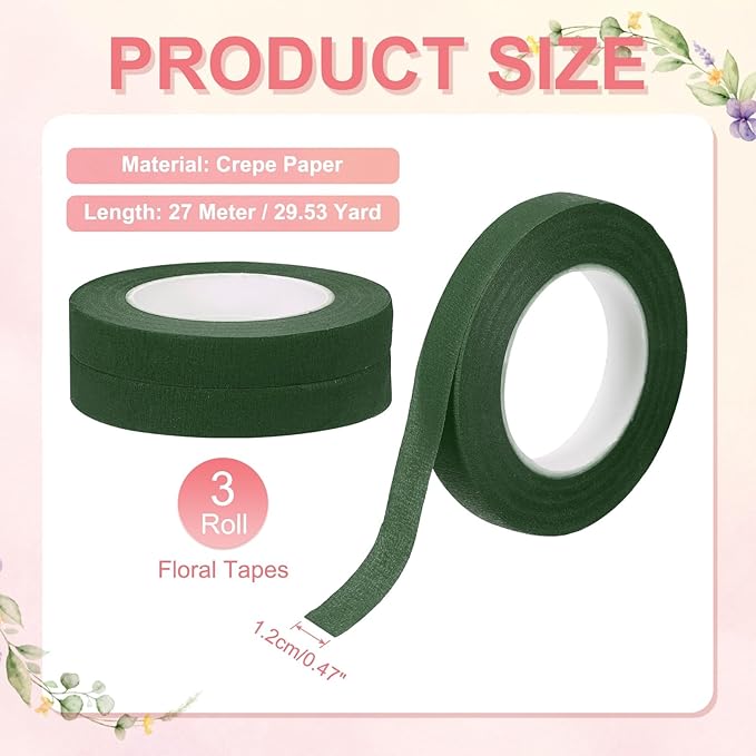 MECCANIXITY 3 Rolls Floral Tapes, 30 Yard x 1/16 in Florist Crepe Flowers Bouquets Tape Adhesive Waterproof for Flower Arranging Wrapping, Dark Green
