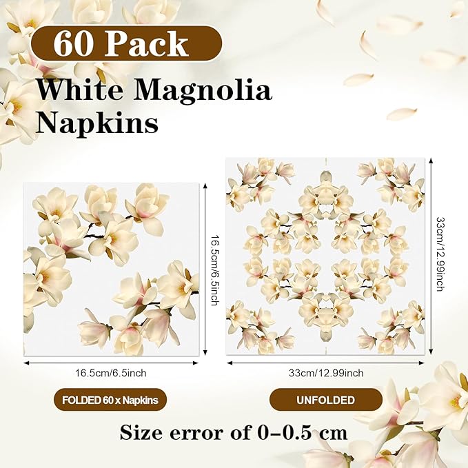 60 Pcs White Magnolia Floral Cocktail Paper Napkins 6.5 x 6.5 Inches Disposable Paper Napkins Dessert Beverage Tissue for Decoupage Luncheon Tissue for Theme Party Wedding Birthday Party