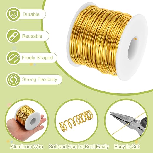 MECCANIXITY 12 Gauge Anodized Aluminum Craft Wire Bendable Bonsai Training Wire 98 Feet 2mm for Sculpting Crafts Wreath Floral Beading Jewelry Making, Gold Tone
