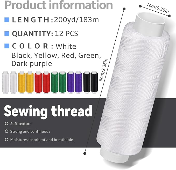 Bupete 12 Rolls Thread for Sewing, 200 Yards Each Roll Sewing Thread, Polyester Threads for Sewing Machine Embroidery Hand Stitching
