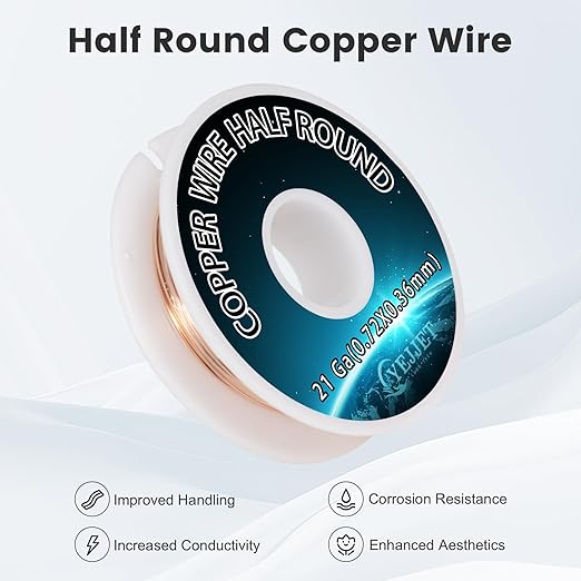 21 Gauge Pure Copper Wire Half Round 0.72x0.36mm - 1.3 oz (68 Feet) Medium Gauge Wire for Jewelry Clasps & Beadwork