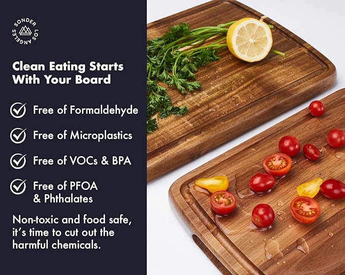 Set of 2 Sonder Los Angeles Acacia Wood Cutting Boards with Juice Groove, Gift Box Included - Small & Medium Sizes: 14x10x1in & 12x8x1in. Ideal for Meat, Vegetables, and Organic Produce Sustainable