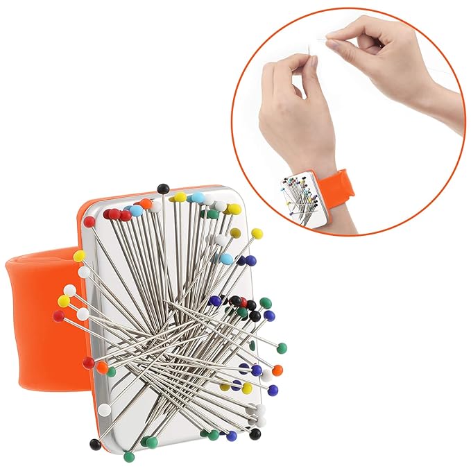 WILLBOND Magnetic Wrist Sewing Pincushion Wrist Magnetic Pin Holder Wristband Pin Cushion Holder with 3 Pcs Stainless Steel Pintail Comb Rat Tail Comb for Hair Clips Hand Sewing(Orange)