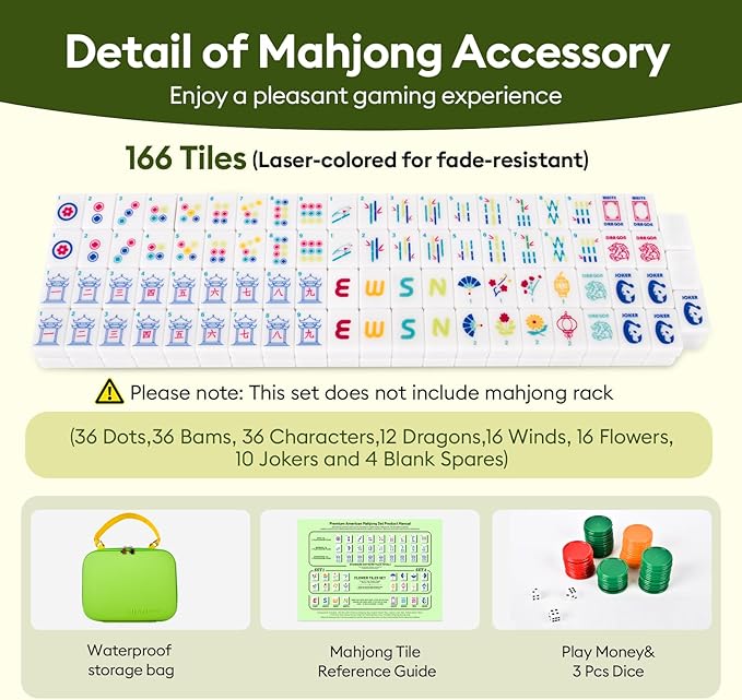 Mahjong Tile Set Equipped with Mahjong Instructions, 166 Quality White Engraved Tiles, 1.2 inch American Mahjong Tiles Set with Carrying Bag/Dice/Chips, Creative Design Patterns, Ideal Mahjong Gifts