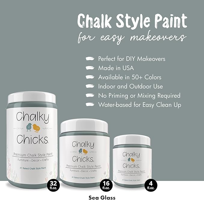 Chalky Chicks All-in-One Chalk Paint for Furniture or Cabinet - 16 Fl Oz - Matte Finish Sea Glass (Light Blue) for Metal, Wood Furniture Paint - No Sanding All-in-One for Home Decor & Crafts, USA Made