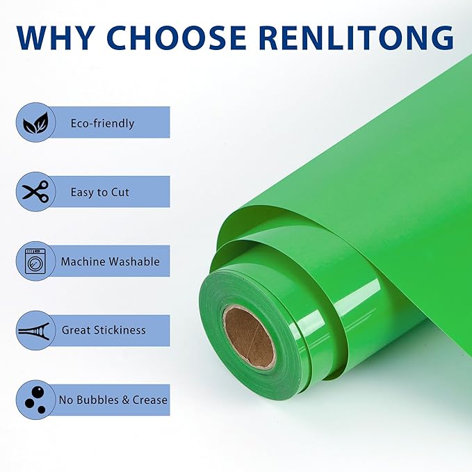 RENLITONG Apple Green Iron on Vinyl 12Inch by 50ft Roll HTV Heat Transfer Vinyl for T-Shirt HTV Rolls for All Cutter Machine - Easy to Cut & Weed for Heat Transfer Design
