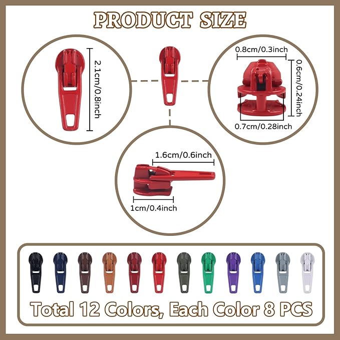 DOITEM 96Pcs Zipper Repair Kit Zipper Replacement 3# Zipper Pull Rescue Kit for Clothing Jackets Purses Luggage (12 Colors)