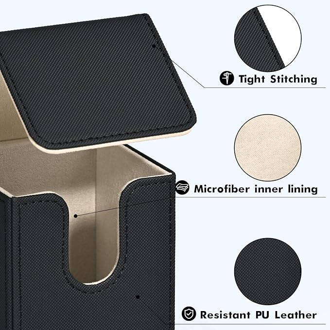 ZLCA Card Deck Box for Trading Cards, MTG YuGiOh Deck Case Holds 100+ Single Sleeved Cards, PU Leather Magnetic Card Storage Box Fits for TCG CCG Magic Game Cards (Black& Gold)