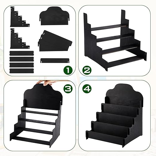 Barydat 2 Pcs 4 Tier Greeting Card Display Stand Wooden Sticker Display Stand Portable Card Display Rack for Vendors Retail Counter Table Display Trade Shows Showcase (Black,11.8 Inch)