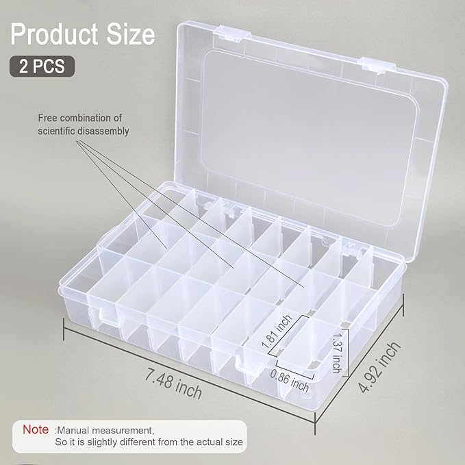 2Pack 24 Grids Craft Organizers and Storage Bead Organizer Tackle Box Organizer with Adjustable Divider, Plastic, Clear