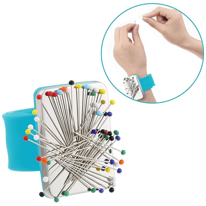 WILLBOND Magnetic Wrist Sewing Pincushion Wrist Magnetic Pin Holder Wristband Pin Cushion Holder with 3 Pcs Stainless Steel Pintail Comb Rat Tail Comb for Hair Clips Hand Sewing(Blue)