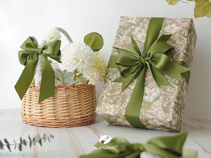 HUIHUANG Green Satin Ribbon 1-1/2 inch x 100 Yards Moss Green Double-Faced Satin Ribbon for Flower Bouquet, Gift Wrapping, Eternal Roses, DIY Crafts, Bridal Shower Wedding Decor