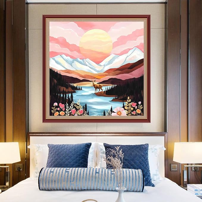 DMCXART Counted Cross Stitch Kits for Adults Needlepoint Kits Unprinted Cross Stitching Embroidery Kit 11CT Cross Stitch Supplies-Mountains, Rivers, Sunrise, Elk 18x18 inch