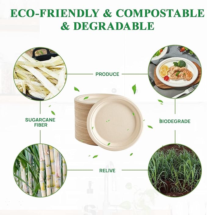 Vplus 500 Pack Paper Plates 9 inch 100% Compostable, Heavy-Duty Disposable Paper Plates Bagasse Natural Biodegradable Eco-Friendly Sugarcane（Nature）