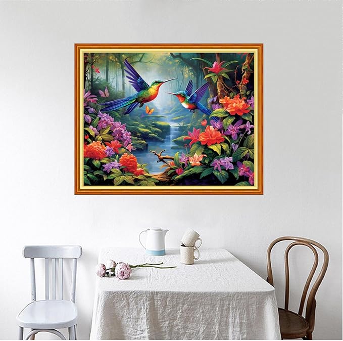 Foxhool Beginners Cross Stitch Kits Stamped Full Range of Embroidery Kits for Adults DIY Cross Stitches kit Embroidery Patterns for Needlepoint kit-Hummingbird Scenery 16x20 inch
