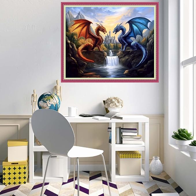 Disnesart Cross Stitch Stamped Full Embroidery Kits DIY 11CT Cotton Thread Printed DIY Needlepoint Kits Craft Needlework Set Cross-Stitch Stamped Sets-Water Fire Dragon Landscape 16x20 inch
